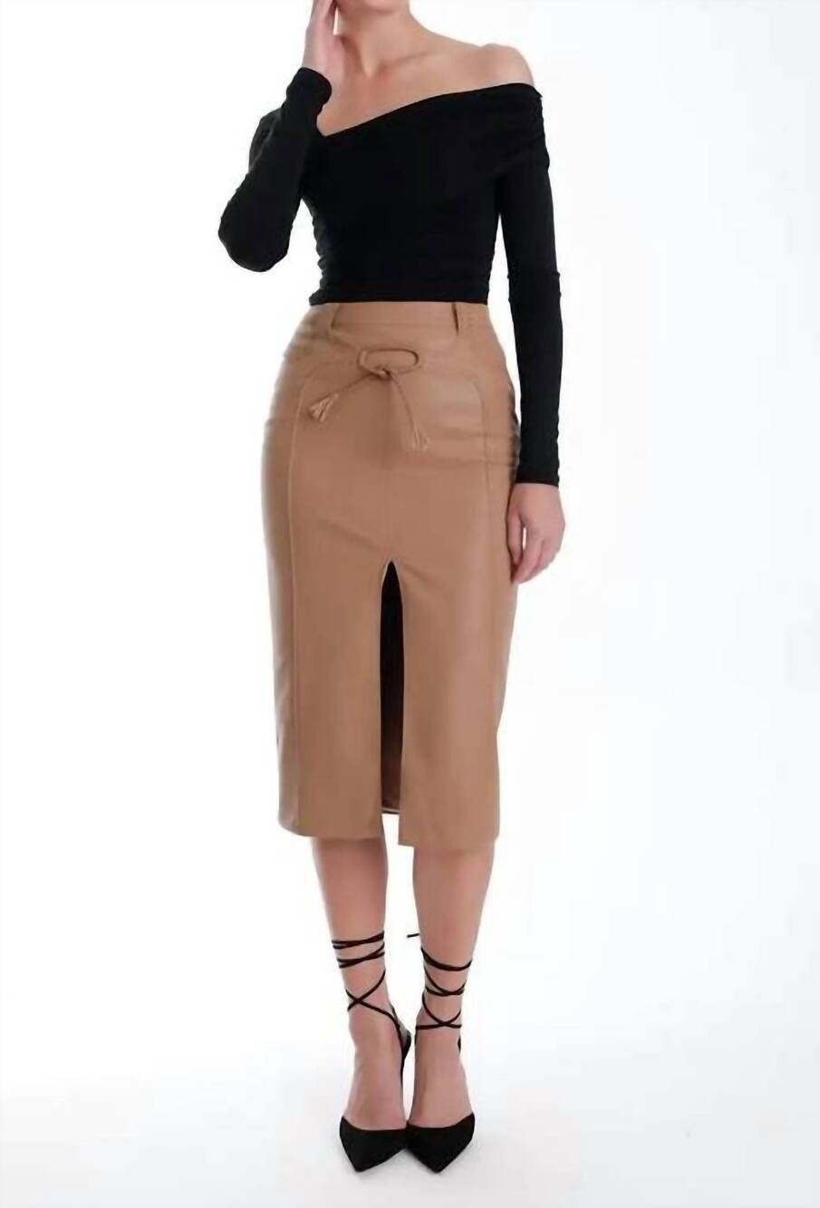 NEW KARINA GRIMALDI mona vegan leather midi skirt in chestnut